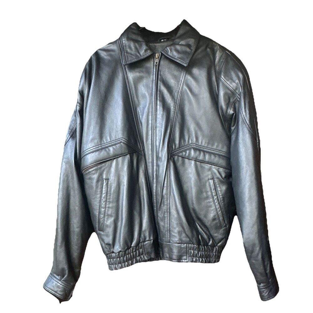 King Motorcycle Real Leather Bomber Jacket Mens XLT Black Zip Front Tall
